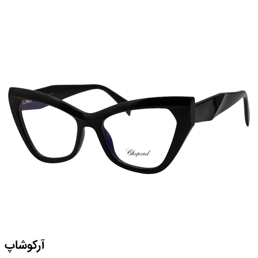 عینک طبی زنانه Chopard با فریم رنگ مشکی براق، شکل چشم گربه‌ای، دسته سیم‌دار و لولا فنردار مدل 2198