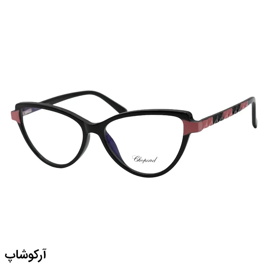 عینک طبی زنانه شوپارد با فریم رنگ مشکی براق، شکل چشم گربه‌ای، دسته سیم‌دار و لولا فنردار مدل 2131