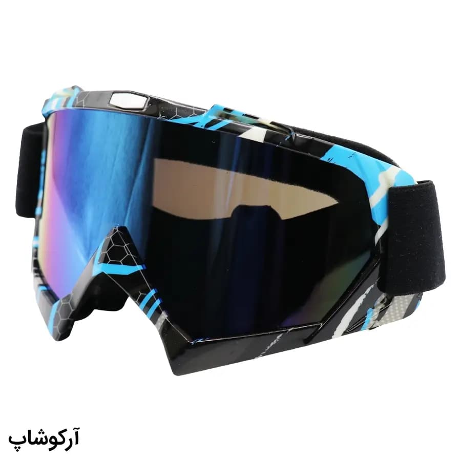 عینک موتور سواری با لنز آینه ای، فریم چند رنگ و بند کشی مشکی رنگ مدل 993109 — تصویر ۲