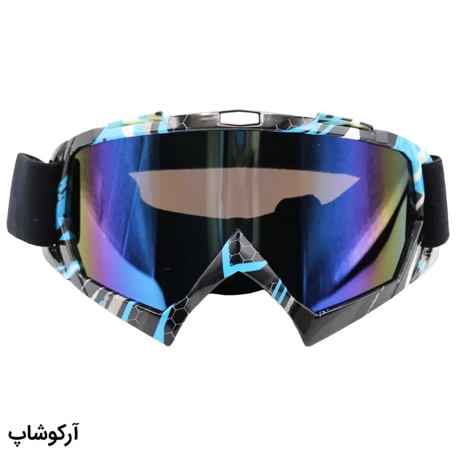 عینک موتور سواری با لنز آینه ای، فریم چند رنگ و بند کشی مشکی رنگ مدل 993109