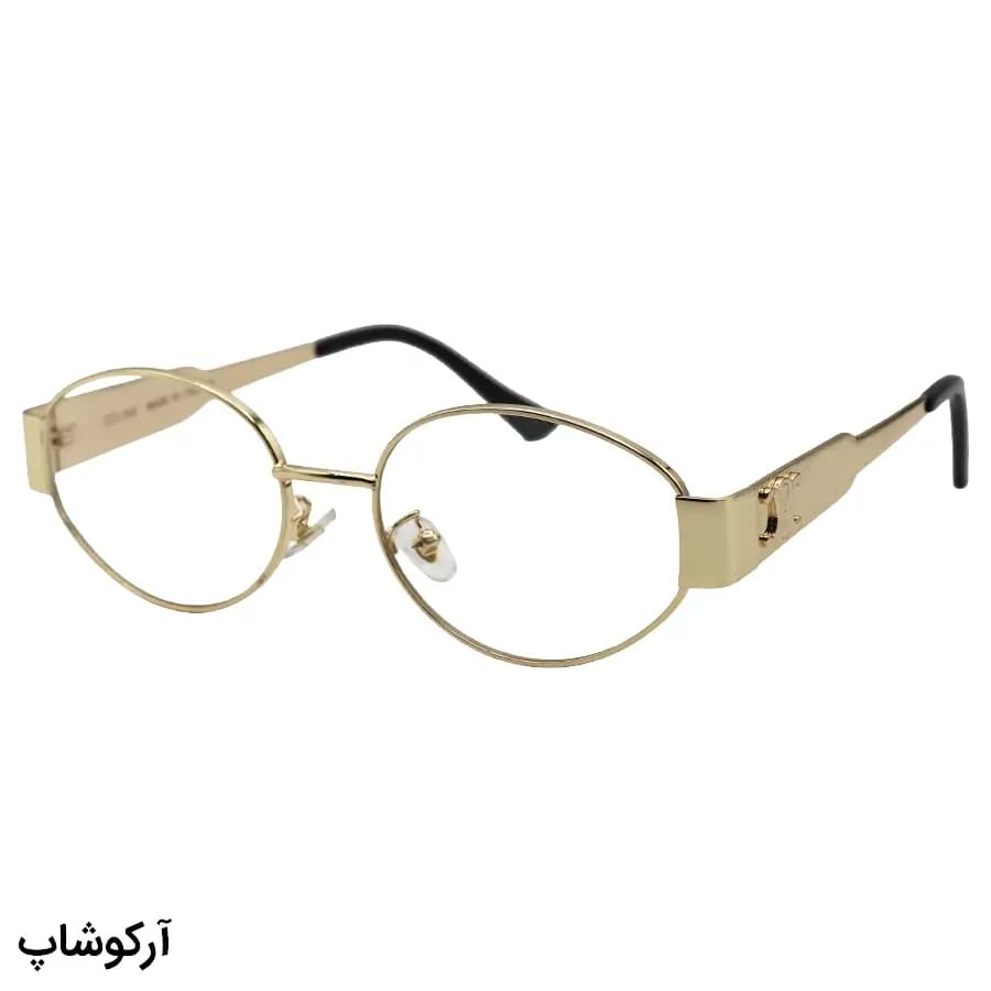 فریم عینک ترند سلین (CELINE) با فریم بیضی شکل، رنگ طلایی و لنز بی‌رنگ و بلوکات مدل JD2380