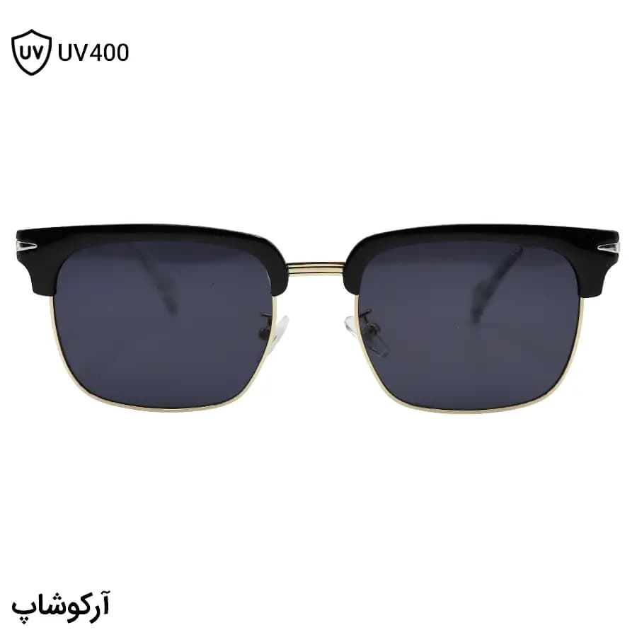 عینک آفتابی PRADA با فریم رنگ مشکی و طلایی، شکل کلاب مستر و لنز دودی تیره مدل P1680 — تصویر ۳
