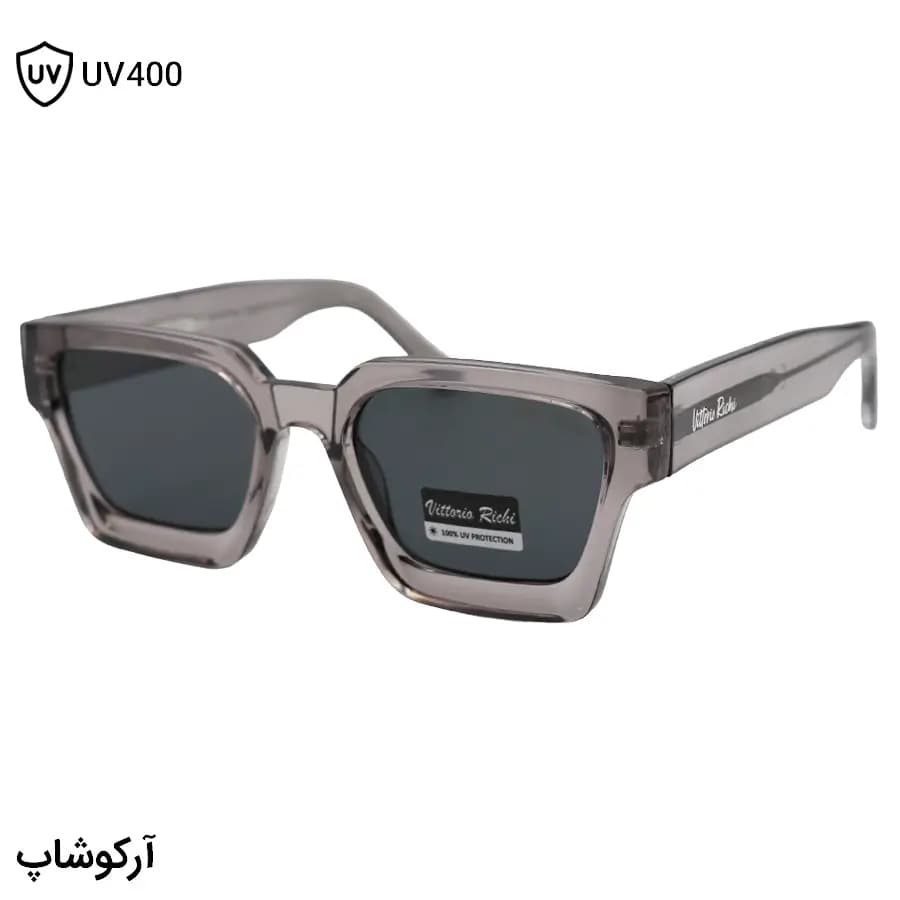 عینک آفتابی Vittorio Richi با فریم طوسی براق، مستطیلی شکل، دسته سیم‌دار و لنز دودی تیره مدل 8837