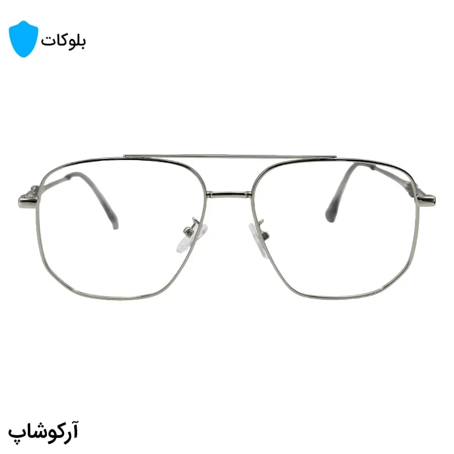 عینک برند Chrome Hearts با فریم شکل چندضلعی، رنگ نقره‌ای براق و لنز بی‌رنگ و شفاف (بلوکات) مدل 23091 — تصویر ۳