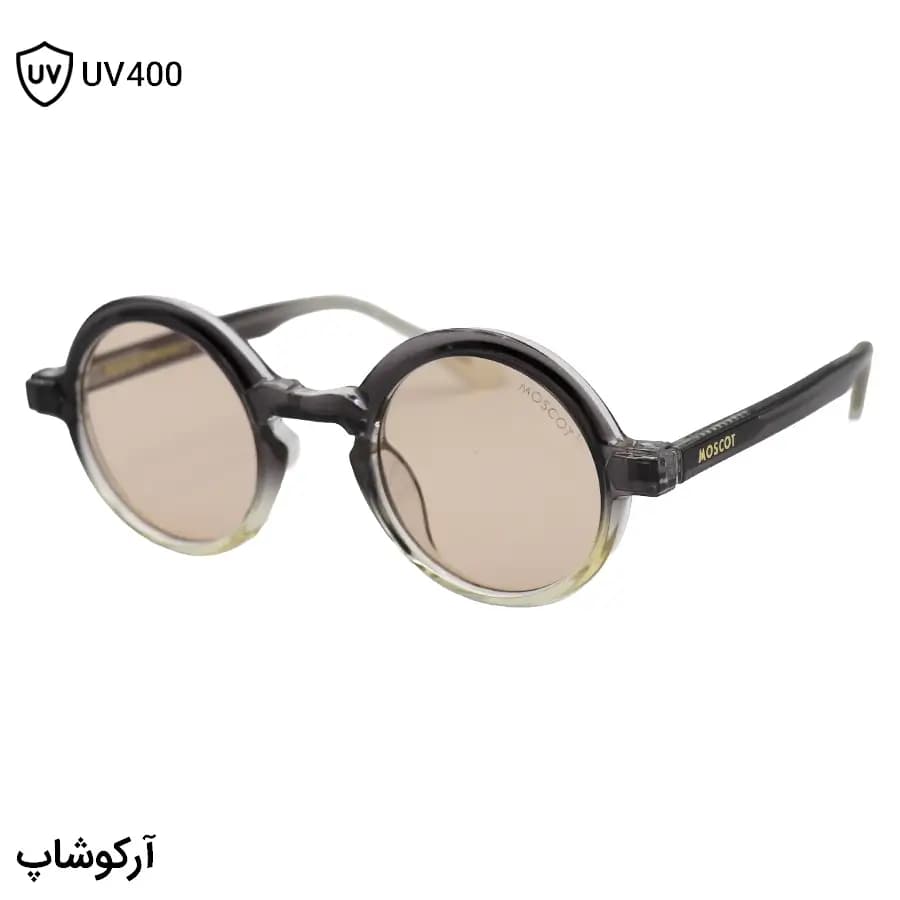 عینک آفتابی Moscot با فریم خاکستری براق، شکل گرد و دایره‌ای، دسته سیم‌دار و لنز قهوه‌ای روشن مدل 1206