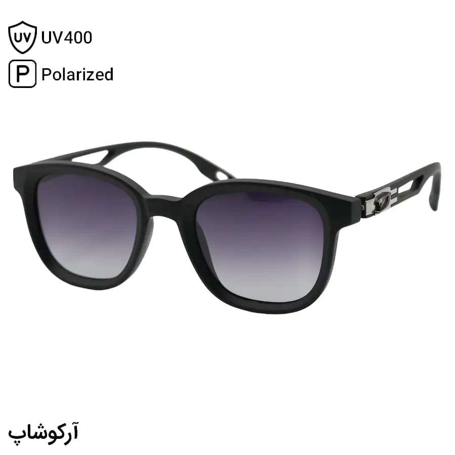 عینک آفتابی با فریم مشکی مات، شکل مربعی، لولا فنردار، لنز دودی سایه روشن و پلاریزه مدل 9005