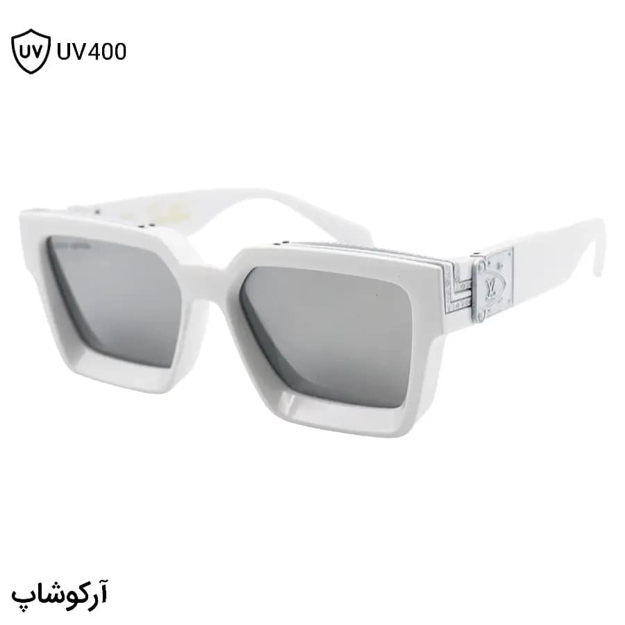 عینک آفتابی لویی ویتون طرح میلیونر با فریم نقره‌ای براق، مستطیلی شکل و لنز آینه‌ای و رنگ نقره‌ای مدل M96006WN — تصویر ۹