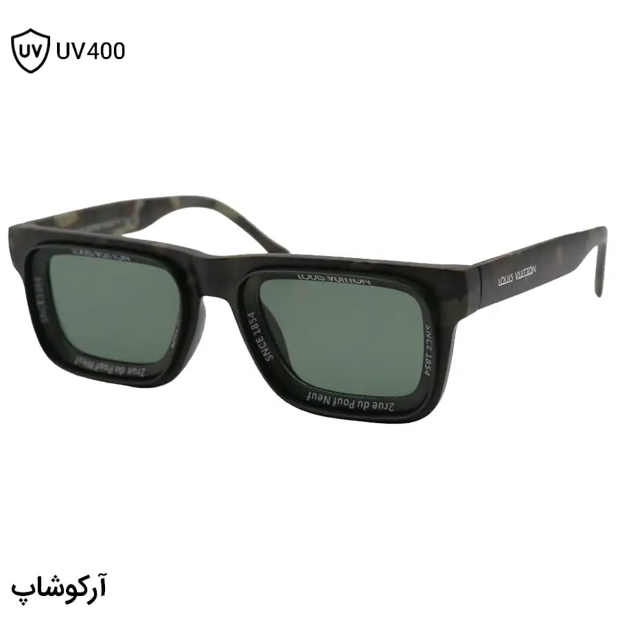 عینک آفتابی لویی ویتون با فریم مستطیلی شکل، رنگ سبز مات طرح چریکی و عدسی سبز تیره مدل 7782