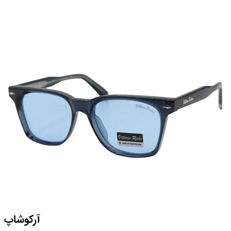 عینک آفتابی ویتوریو ریچی با فریم آبی براق، مستطیلی شکل، دسته سیمدار و لنز آبی تیره مدل 9809