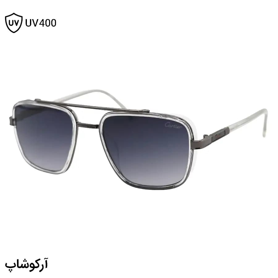 عینک آفتابی کارتیه با فریم رنگ سفید کریستالی و نوک مدادی، شکل چندضلعی، لنز دودی هایلایت و دسته سیم‌دار مدل 8052