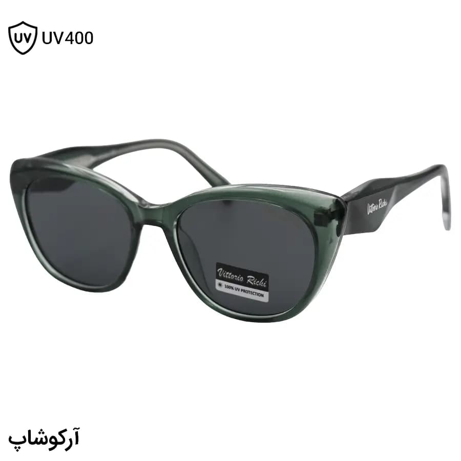 عینک آفتابی زنانه Vittorio Richi با فریم چشم گربه‌ای، رنگ سبز براق، دسته سیم‌دار و لنز دودی تیره مدل 8835