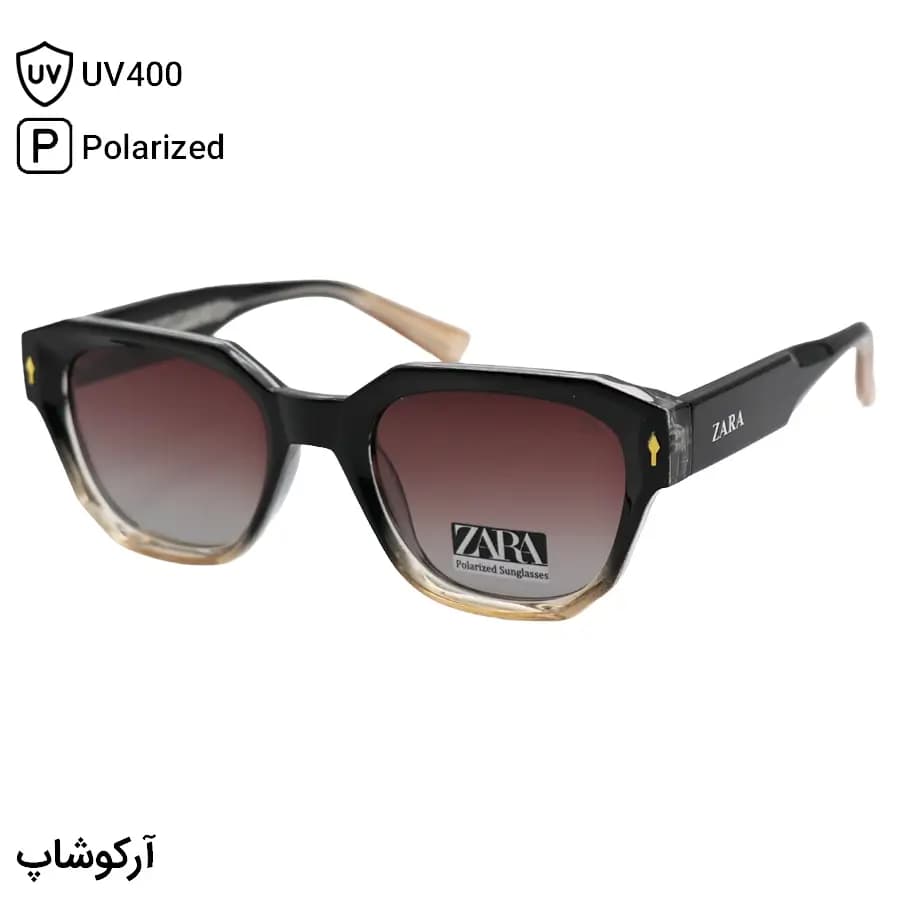 عینک آفتابی زارا با فریم چندضلعی، رنگ مشکی و قهوهای، دسته سیمدار، لنز قهوهای سایه روشن و پلاریزه مدل RN9004