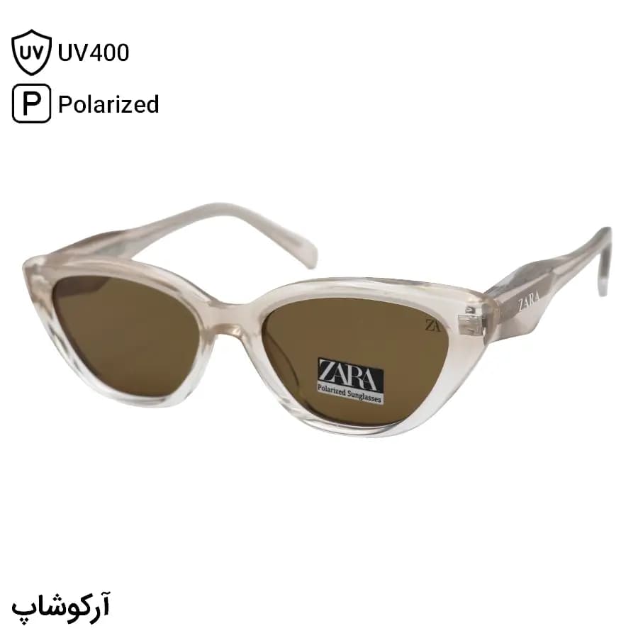 عینک آفتابی زنانه زارا با فریم چشم گربه‌ای، رنگ طوسی براق، دسته سیم‌دار، لنز قهوه‌ای تیره و پلاریزه مدل 66525