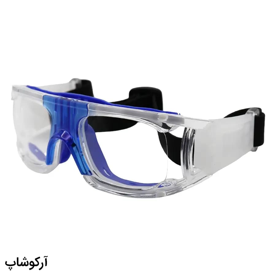 عینک طبی ورزشی با فریم آبی و سفید رنگ و بند مشکی برای فوتبال، والیبال، بسکتبال، فوتسال و هندبال مدل Z009