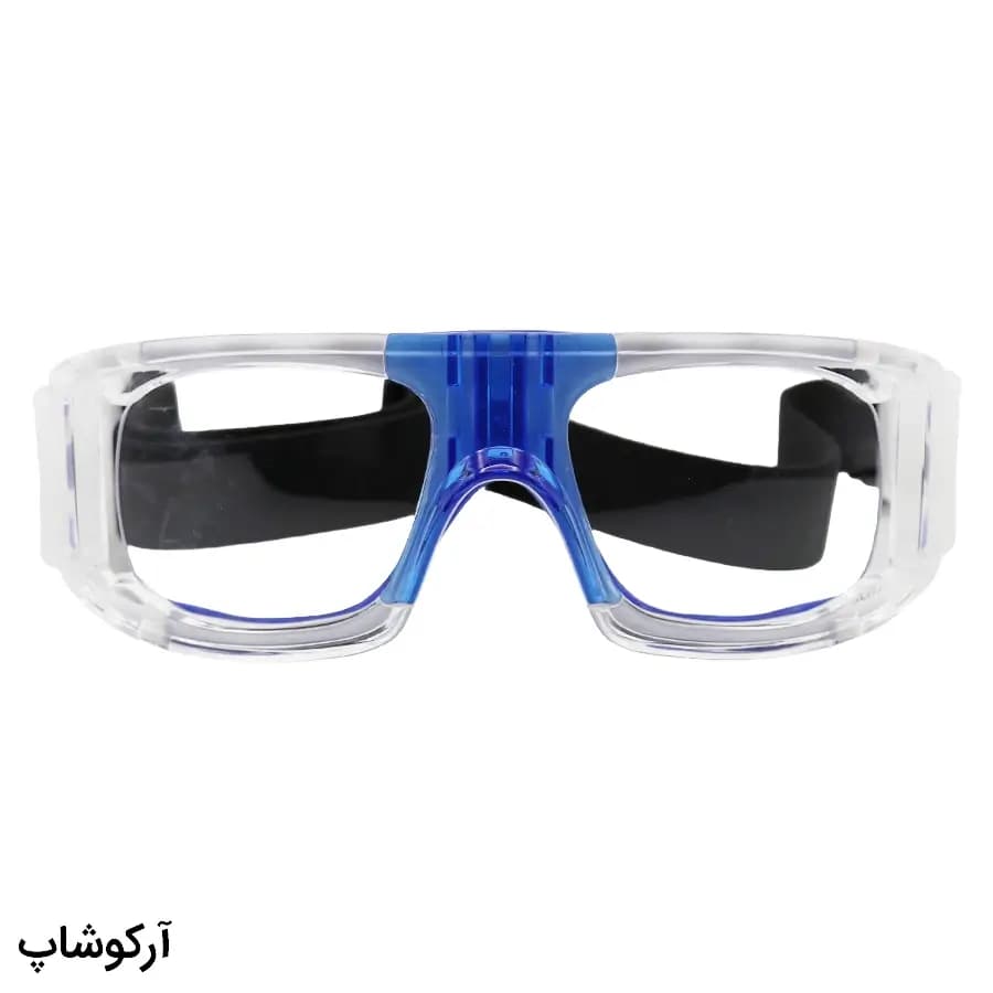 عینک طبی ورزشی با فریم آبی و سفید رنگ و بند مشکی برای فوتبال، والیبال، بسکتبال، فوتسال و هندبال مدل Z009 — تصویر ۲