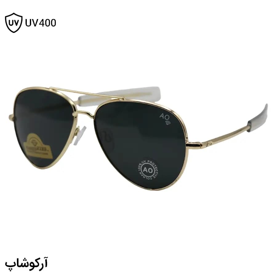 عینک آفتابی امریکن اپتیکال با فریم خلبانی، رنگ طلایی براق، عدسی جنس سنگ (شیشه) و دودی تیره مدل AO-1004