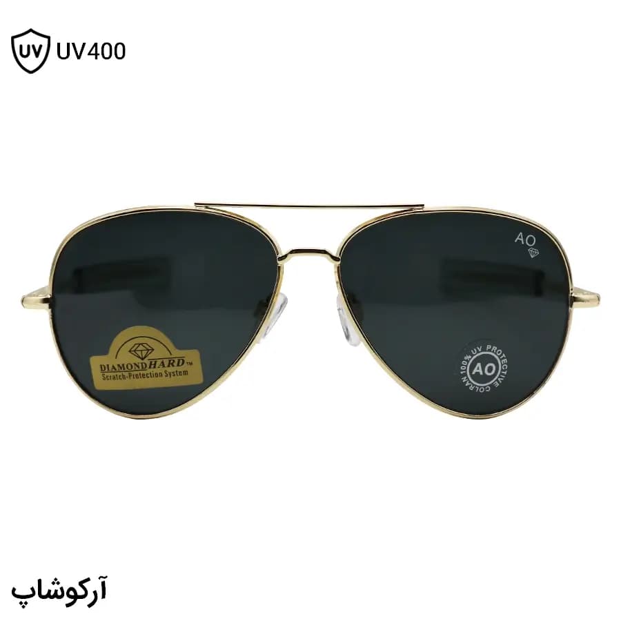 عینک آفتابی امریکن اپتیکال با فریم خلبانی، رنگ طلایی براق، عدسی جنس سنگ (شیشه) و دودی تیره مدل AO-1004 — تصویر ۳
