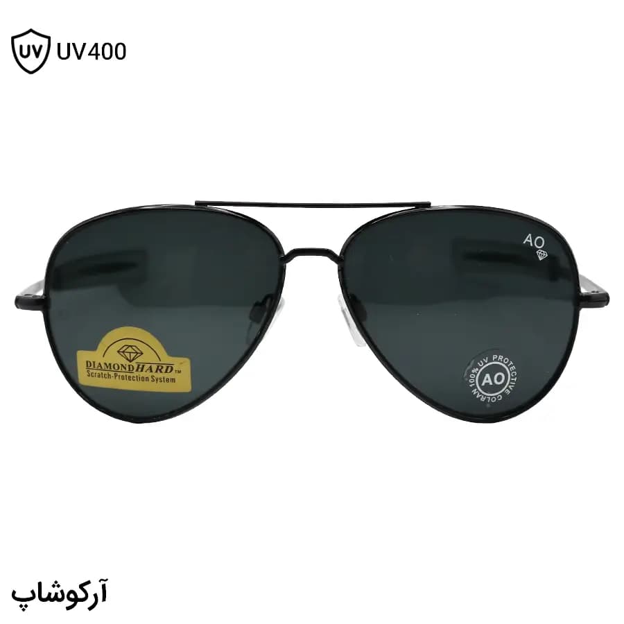 عینک آفتابی American Optical با فریم خلبانی، رنگ مشکی براق، عدسی جنس سنگ (شیشه) و دودی تیره مدل AO-1004 — تصویر ۳