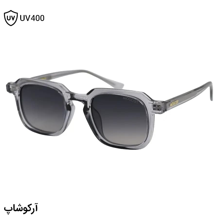 عینک آفتابی MOSCOT با فریم طوسی براق، شکل مربعی و دسته سیم‌دار و لنز دودی هایلایت مدل 1212