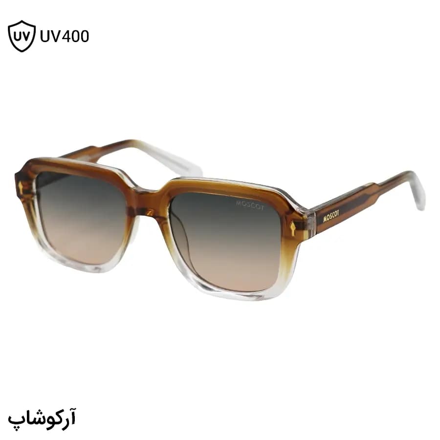عینک آفتابی Moscot با فریم مربعی شکل، رنگ قهوه‌ای براق، دسته سیم‌دار و لنز قهوه‌ای سایه روشن مدل 1211