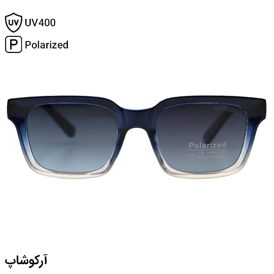 عینک آفتابی MOSCOT با فریم مستطیلی، رنگ آبی و قهوه‌ای، دسته سیم‌دار و لنز دودی هایلایت و پلاریزه مدل P1210 — تصویر ۲