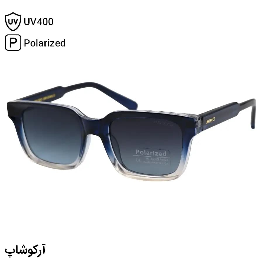 عینک آفتابی MOSCOT با فریم مستطیلی، رنگ آبی و قهوه‌ای، دسته سیم‌دار و لنز دودی هایلایت و پلاریزه مدل P1210