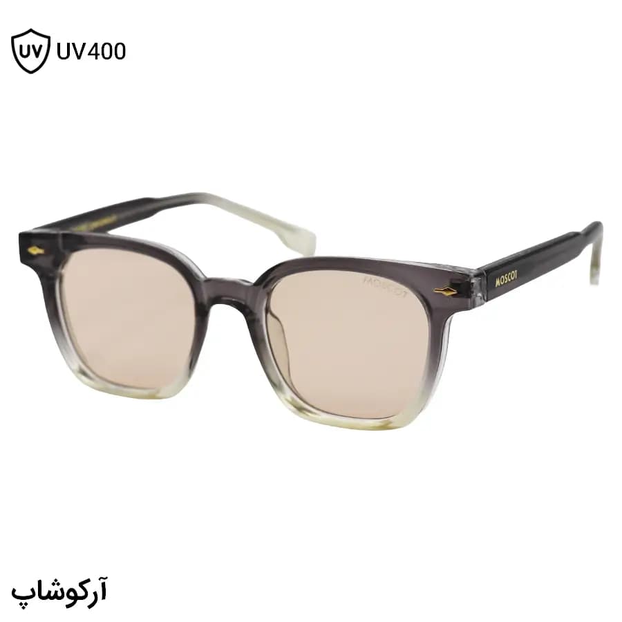 عینک آفتابی موسکات با فریم مربعی شکل، رنگ خاکستری براق، دسته سیم‌دار و لنز قهوه‌ای روشن مدل 1207