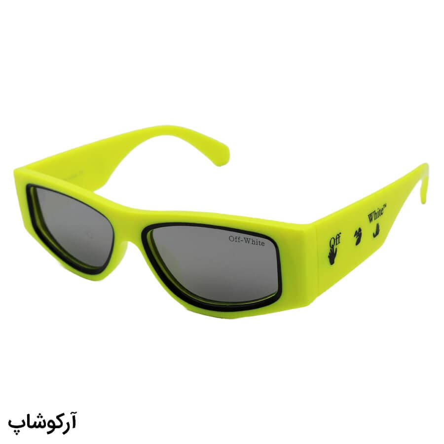 عینک آفتابی Off-White با فریم فانتزی، رنگ زرد فسفری، دسته پهن و لنز آینه ای مدل OFF-6