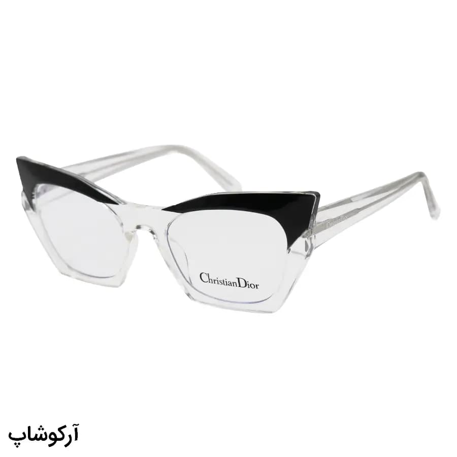 عینک طبی زنانه Dior با فریم دو رنگ (مشکی و بی‌رنگ)، شکل گربه‌ای، جنس استات، دسته سیم‌دار و لولا فنردار مدل 2158