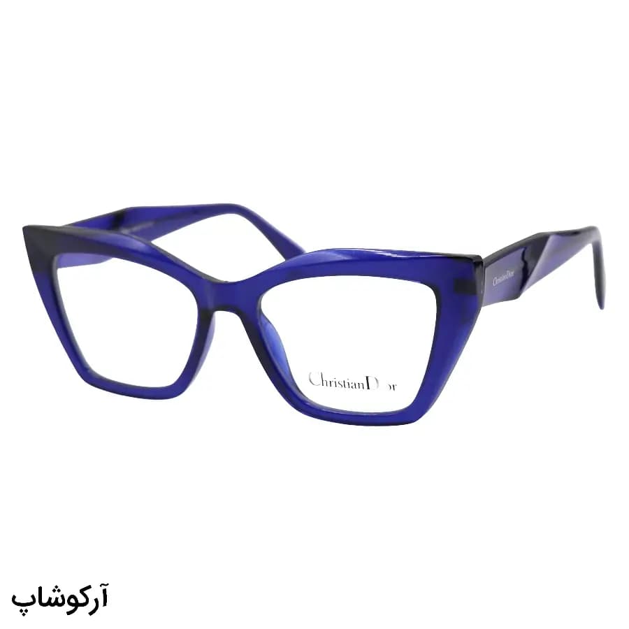 عینک طبی زنانه Dior با فریم رنگ آبی براق، شکل چشم گربه‌ای، جنس استات، دسته سیم‌دار و لولا فنردار مدل 2167