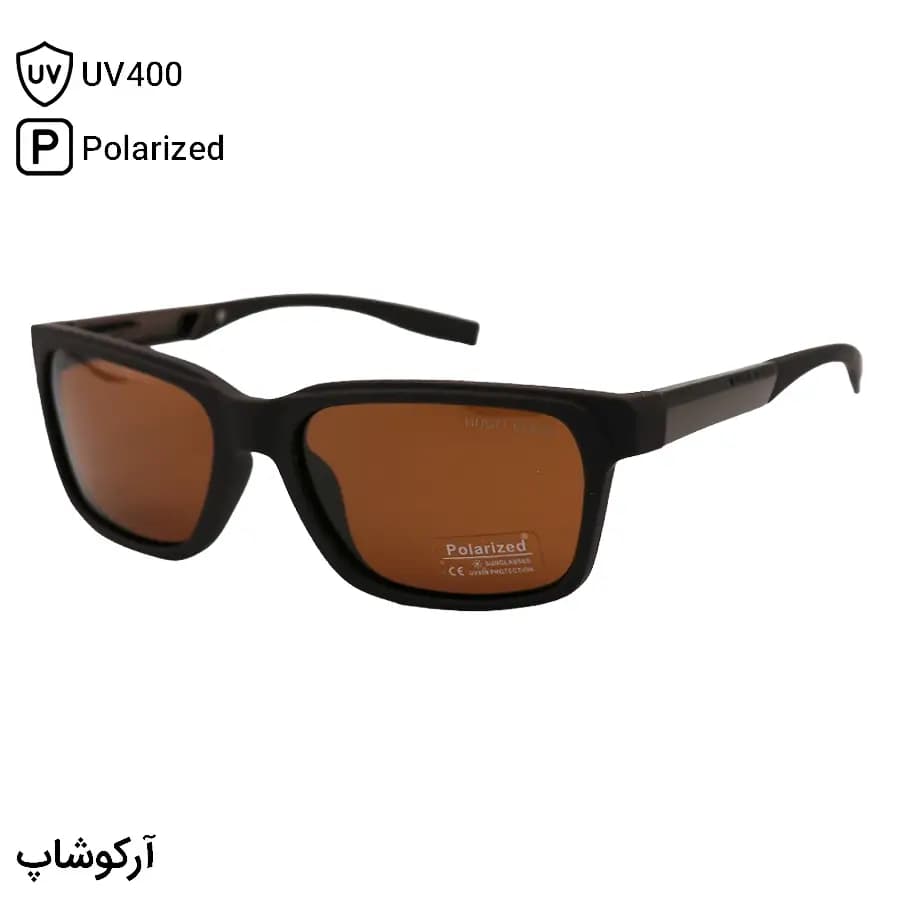 عینک آفتابی Hugo Boss با فریم قهوه‌ای مات، مستطیلی شکل، بیس‌دار و لنز قهوه‌ای تیره و پلاریزه مدل P5048