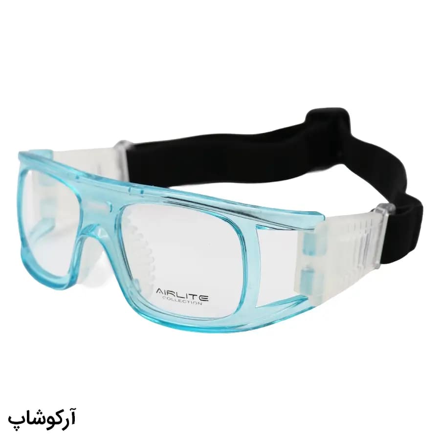 عینک طبی ورزشی با فریم آبی رنگ و بند مشکی برای فوتبال، والیبال، بسکتبال، فوتسال و هندبال مدل HY016