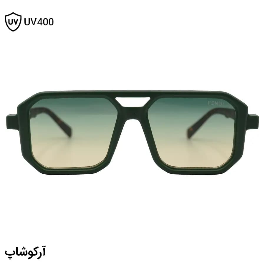 عینک آفتابی فندی با فریم سبز مات، شکل مربعی، دسته رنگ هاوانا دو پل بینی و لنز دو رنگ سایه روشن مدل M6125 — تصویر ۳