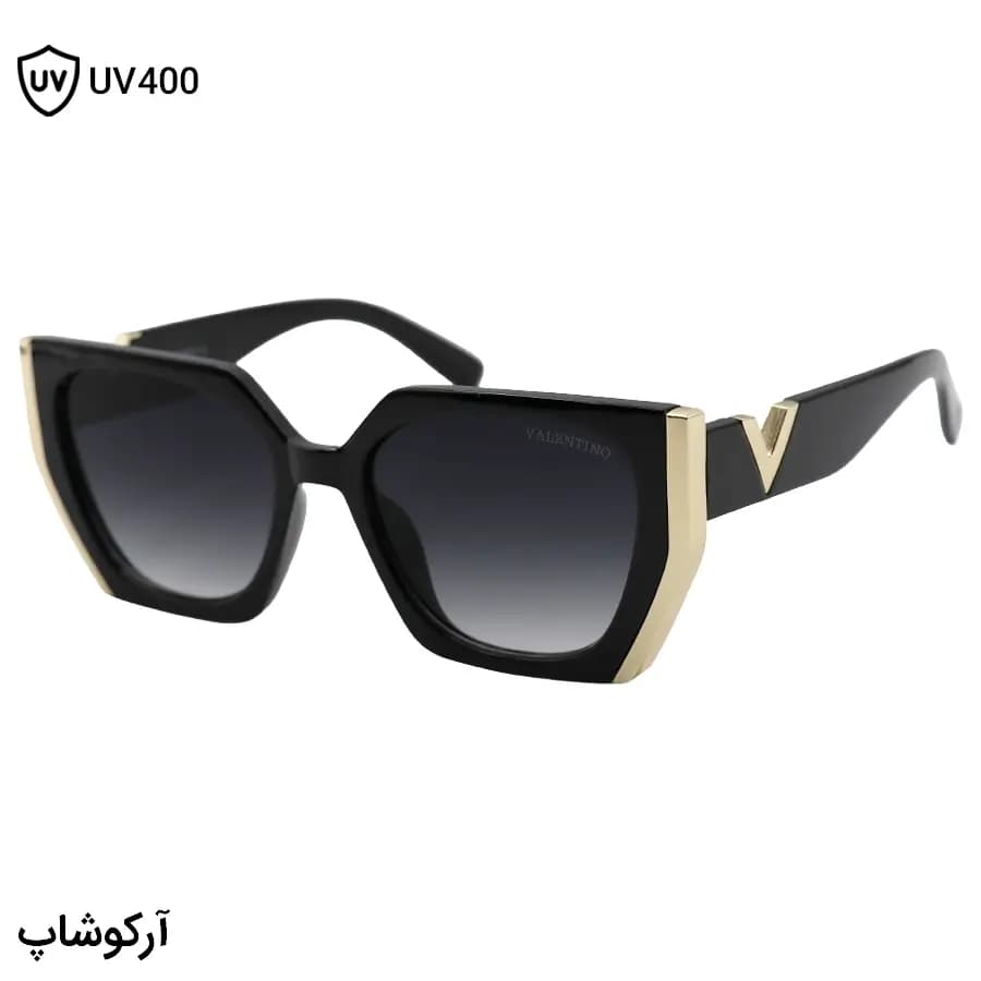 عینک آفتابی زنانه ولنتینو با فریم رنگ مشکی و طلایی، پروانه ای شکل و عدسی دودی سایه روشن مدل 9794