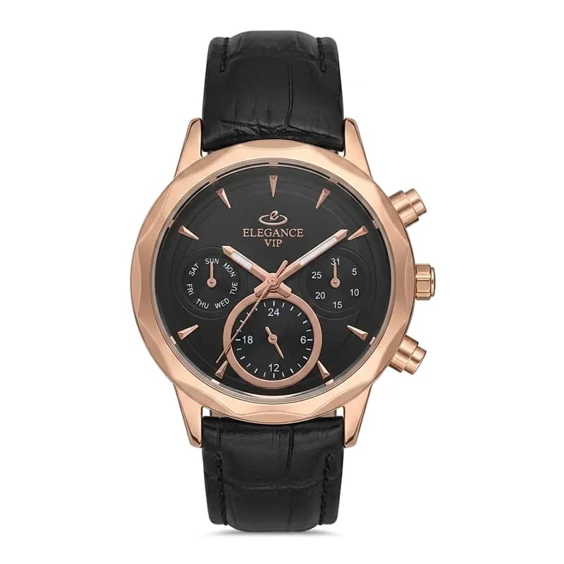 ساعت مچی زنانه چرم الگانس موتور ژاپن مشکی رزگلد مدل 1185L(سه موتوره)