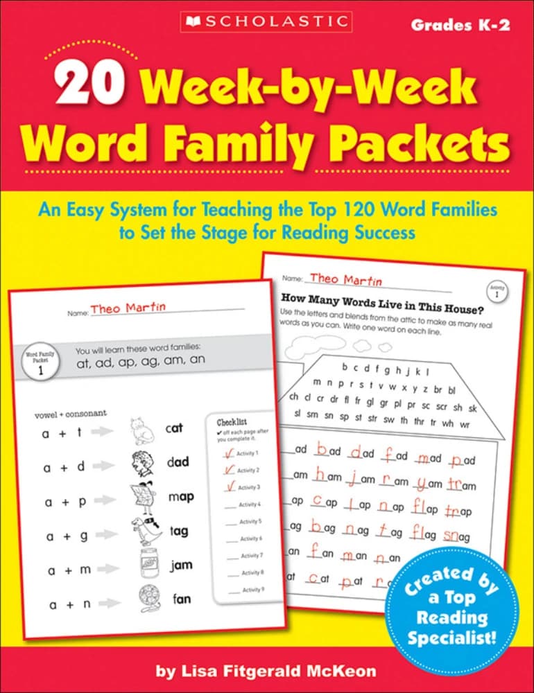 کتاب 20 Week-by-Week Word Family Packets K-2 (۲۰ بسته آموزشی هفتگی خانواده واژگان برای K-2) نسخه انگلیسی PDF | لیزا فیتجرالد مک‌کئون