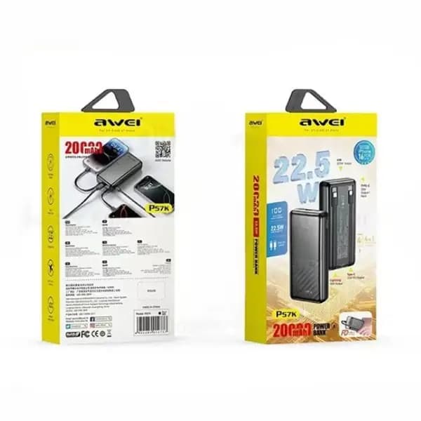 پاوربانک 20000 هزار 22.5 وات اوی مدل Awei P57K Fast Charging 22.5W — تصویر ۵