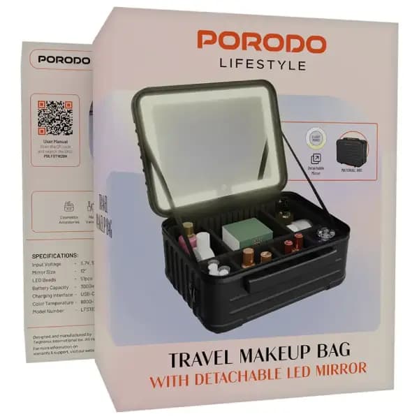 کیف لوازم آرایش مسافرتی پرودو مدل Porodo Lifestyle Travel Makeup Bag with Detachable LED Mirror — تصویر ۴