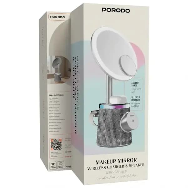 آینه آرایشی مجهز به شارژر بی‌سیم، اسپیکر و نورپردازی RGB پرودو مدل Porodo Makeup Mirror Wireless Charger & Speaker with RGB Lights — تصویر ۴