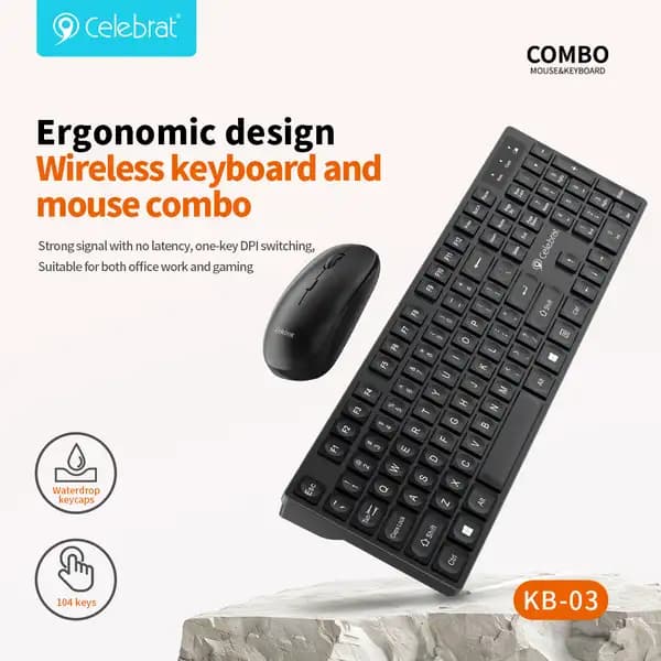 ست کیبورد و ماوس بی‌سیم ارگونومیک و بی‌صدا سلبریت مدل Celebrat KB-03 Silent Ergonomic Wireless Keyboard and Mouse Set — تصویر ۳
