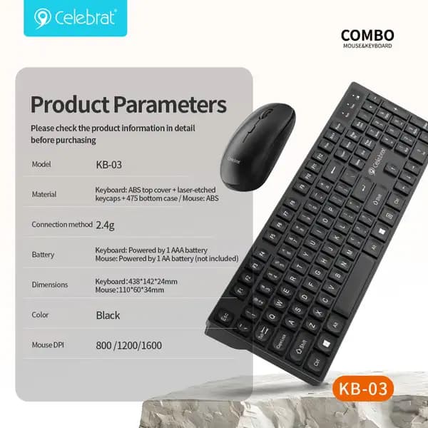 ست کیبورد و ماوس بی‌سیم ارگونومیک و بی‌صدا سلبریت مدل Celebrat KB-03 Silent Ergonomic Wireless Keyboard and Mouse Set — تصویر ۷