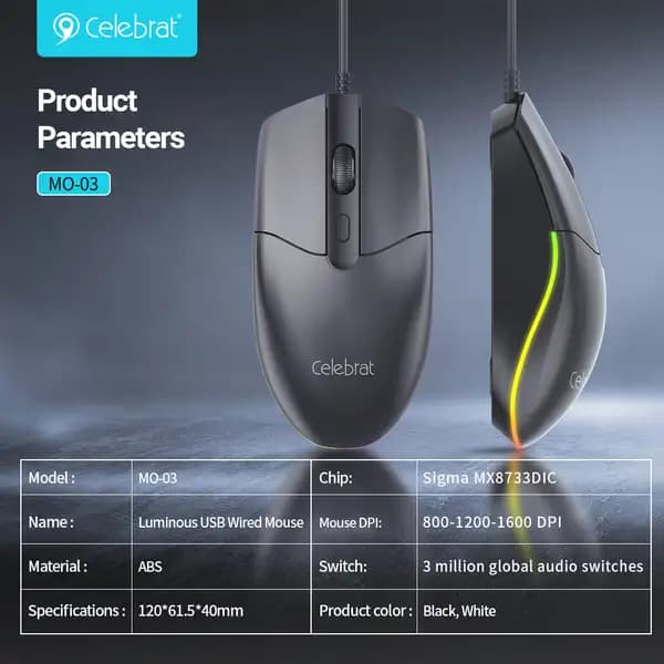 موس اداری و گیمینگ RGB سلبریت مدل Celebrat MO-03 RGB Office & Gaming Mouse — تصویر ۵