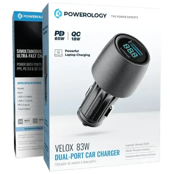 شارژر فندکی دو پورت ۸۳ وات با کابل Type-C پاورولوژی مدل Powerology Velox 83W Dual-Port Car Charger with Type-C Cable — تصویر ۷