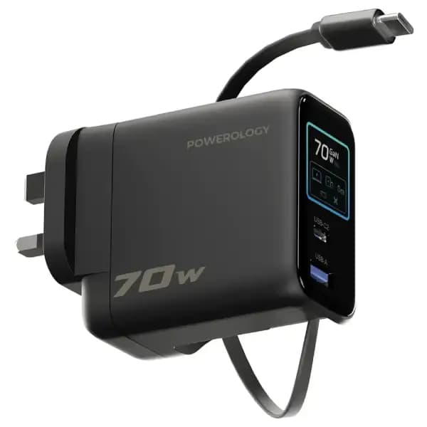 آداپتور شارژر ۷۰ وات با کابل جمع‌شو Type-C پاورولوژی مدل Powerology 70W TFT Adapter with Retractable Type-C Cable — تصویر ۲
