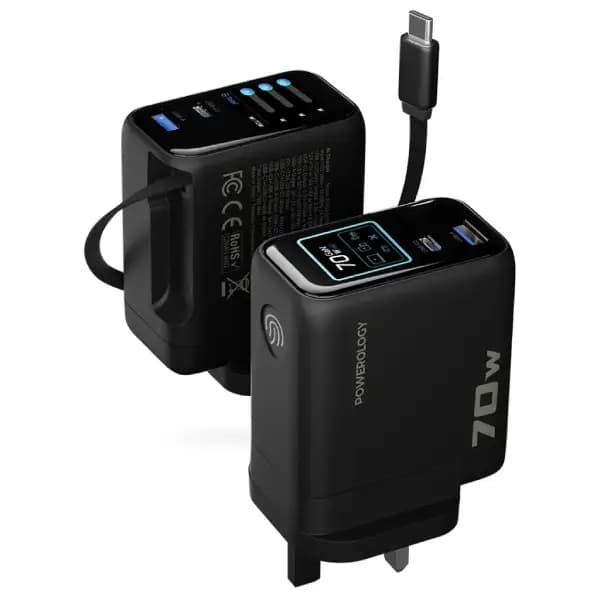 آداپتور شارژر ۷۰ وات با کابل جمع‌شو Type-C پاورولوژی مدل Powerology 70W TFT Adapter with Retractable Type-C Cable
