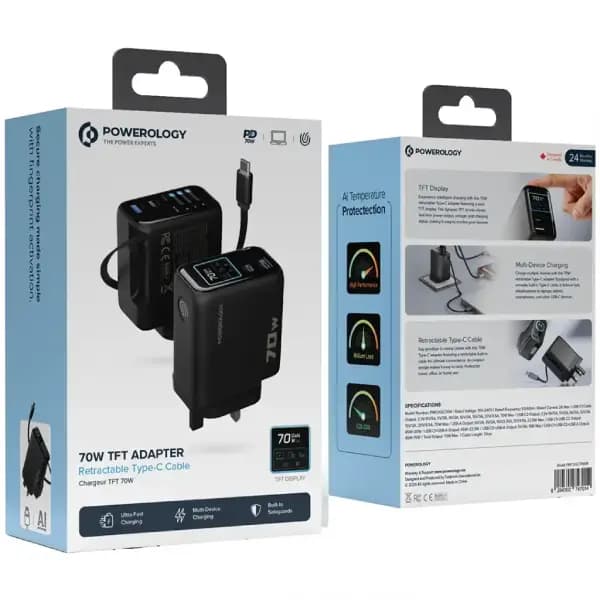 آداپتور شارژر ۷۰ وات با کابل جمع‌شو Type-C پاورولوژی مدل Powerology 70W TFT Adapter with Retractable Type-C Cable — تصویر ۵