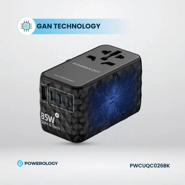 شارژر ۸۵ وات یونیورسال GaN با کابل جمع‌شونده Type-C پاورولوژی مدل Powerology Universal GaN 85W Super Charger Retractable Type-C Cable — تصویر ۴