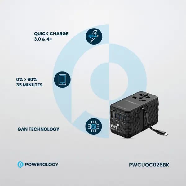 شارژر ۸۵ وات یونیورسال GaN با کابل جمع‌شونده Type-C پاورولوژی مدل Powerology Universal GaN 85W Super Charger Retractable Type-C Cable — تصویر ۷