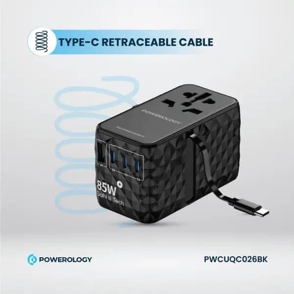 شارژر ۸۵ وات یونیورسال GaN با کابل جمع‌شونده Type-C پاورولوژی مدل Powerology Universal GaN 85W Super Charger Retractable Type-C Cable — تصویر ۵