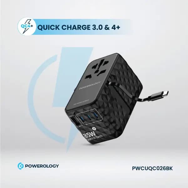 شارژر ۸۵ وات یونیورسال GaN با کابل جمع‌شونده Type-C پاورولوژی مدل Powerology Universal GaN 85W Super Charger Retractable Type-C Cable — تصویر ۳